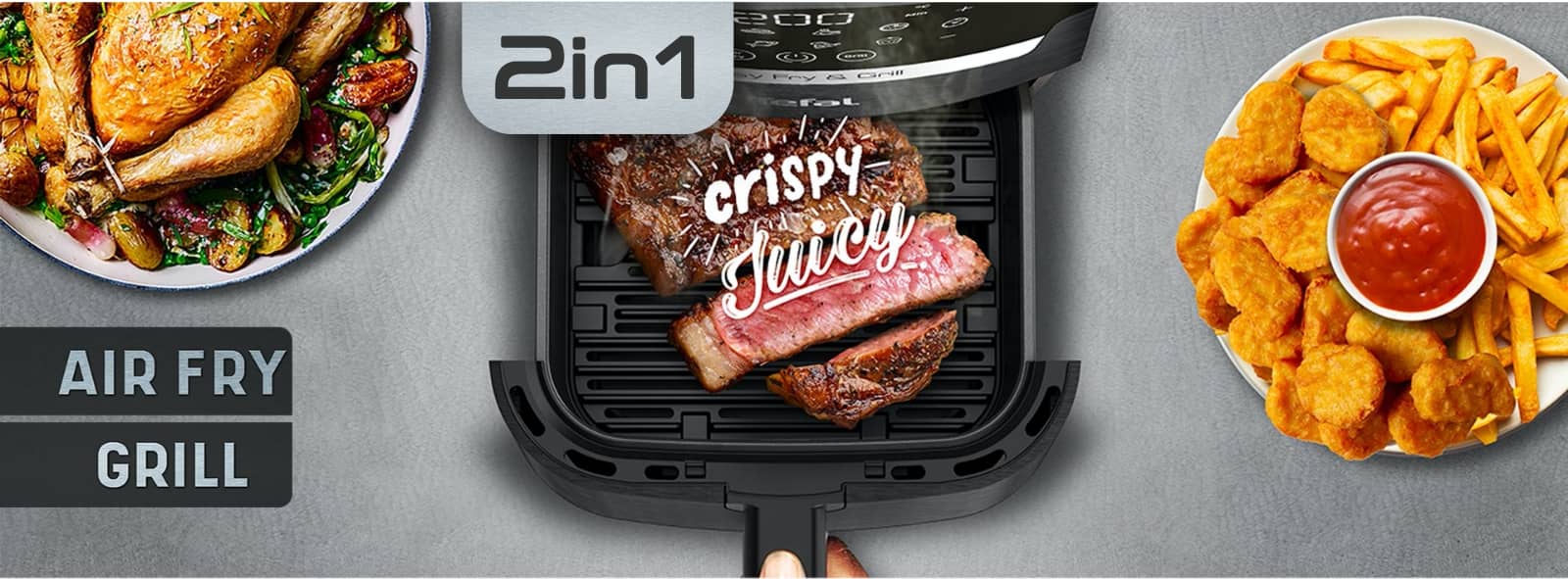 EasyFry 2in1 Air Fryer and Grill, grilling juicy medium rare steak and air fried Chips