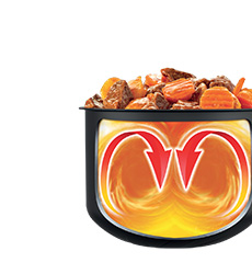 Graphic showing Turbo Cuisine & Fry spherical cooking bowl for 360° heat circulation