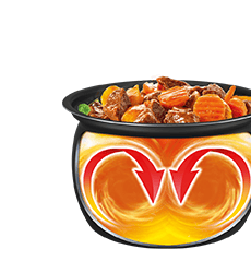 Graphic showing Turbo Cuisine spherical cooking bowl for 360° heat circulation