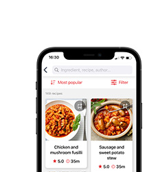 Mobile device displaying recipes on the app