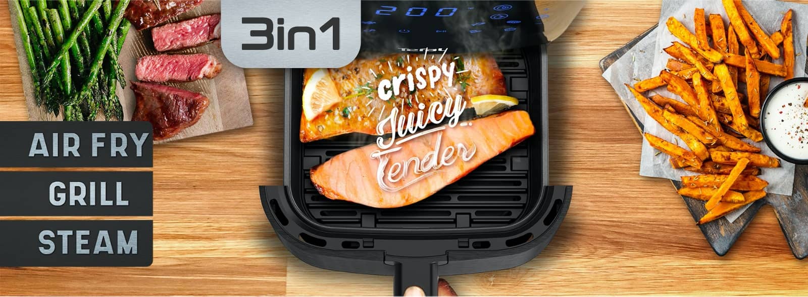 EasyFry 3in1 Air Fryer, Grill and Steam, grilling salmon and air fried chips
